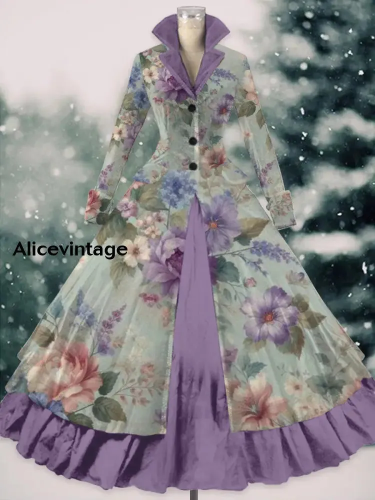 Floral Print Vintage Elegant Lapel V-Neck Long Sleeve Maxi Dress