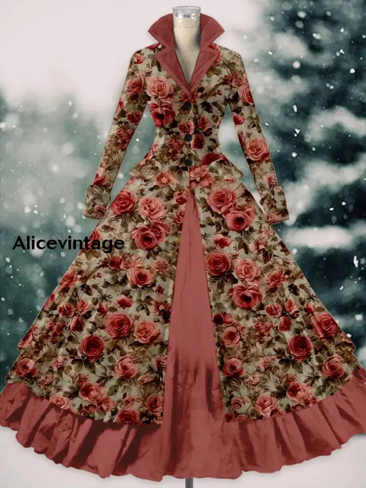 Floral Print Vintage Elegant Lapel V-Neck Long Sleeve Maxi Dress