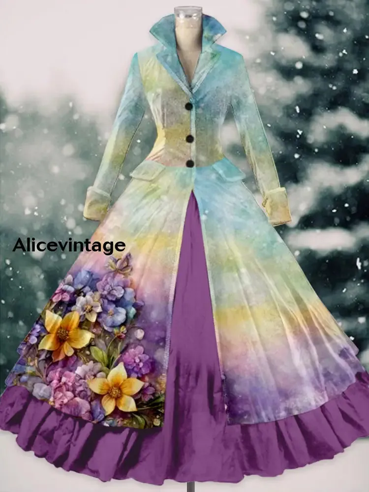 Floral Print Vintage Elegant Lapel V-Neck Long Sleeve Maxi Dress