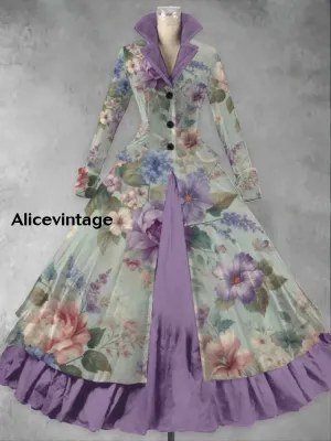 Floral Print Vintage Elegant Lapel V-Neck Long Sleeve Maxi Dress