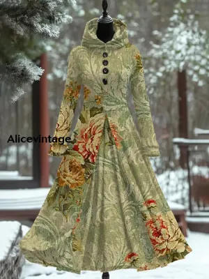 Floral Print Vintage Elegant Long Sleeve Maxi Dress Fake Two Piece Dress