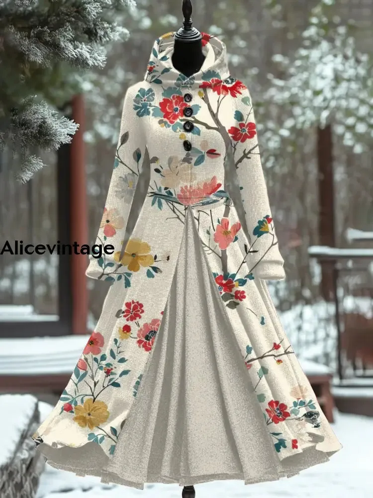 Floral Print Vintage Elegant Long Sleeve Maxi Dress Fake Two Piece Dress