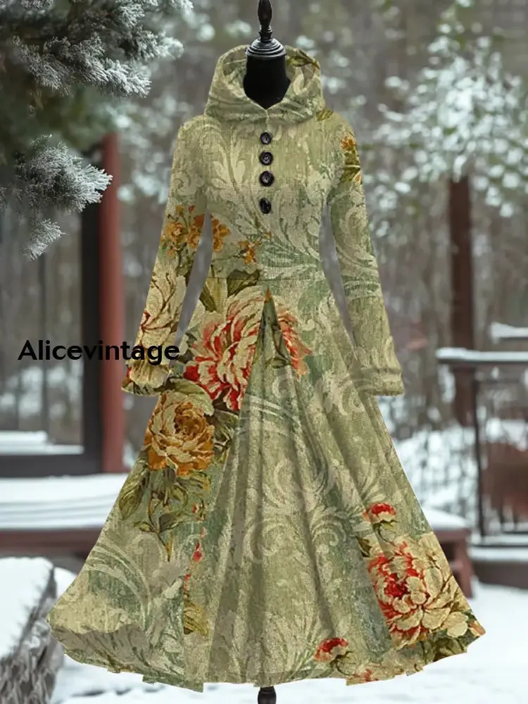 Floral Print Vintage Elegant Long Sleeve Maxi Dress Fake Two Piece Dress