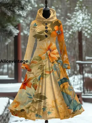 Floral Print Vintage Elegant Long Sleeve Maxi Dress Fake Two Piece Dress