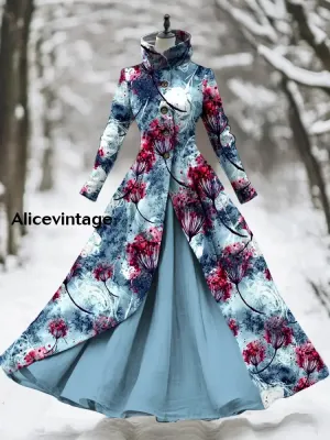 Floral Print Vintage Elegant Long Sleeve Maxi Dress Fake Two Piece Dress