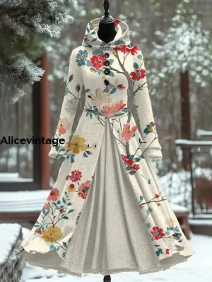 Floral Print Vintage Elegant Long Sleeve Maxi Dress Fake Two Piece Dress