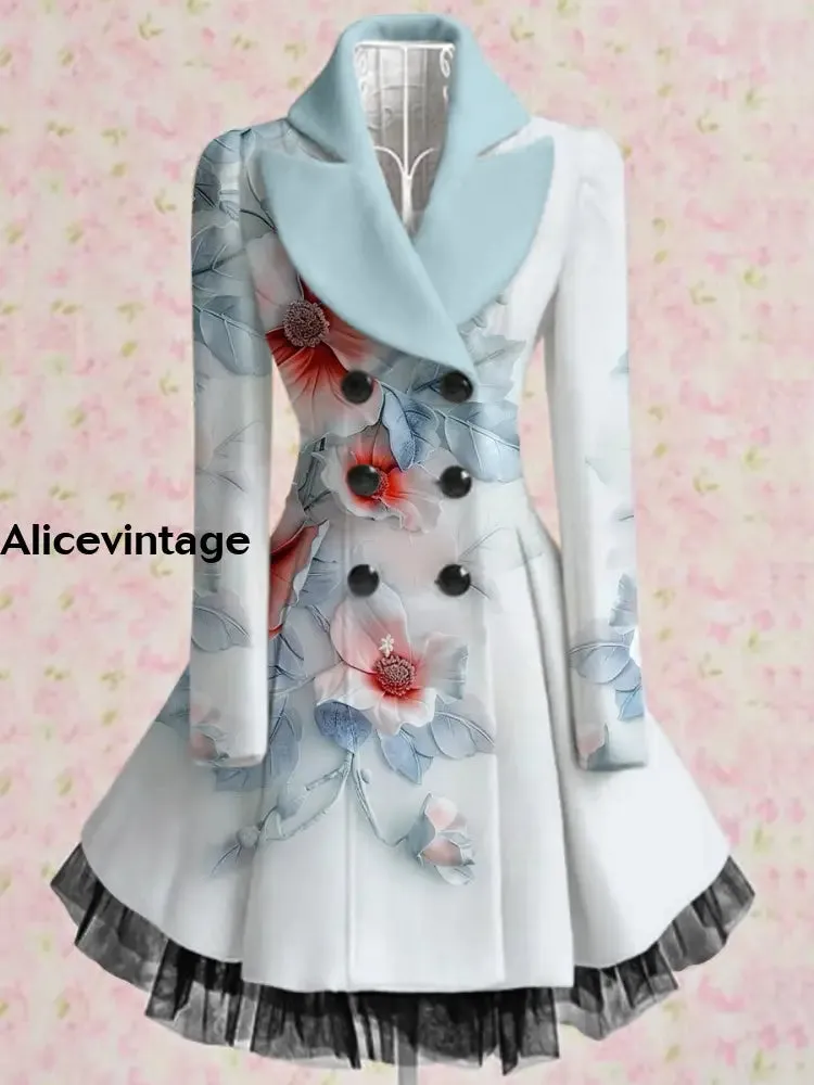 Floral Print Vintage Elegant  V-Neck Button Up Long Sleeve Coat Dress