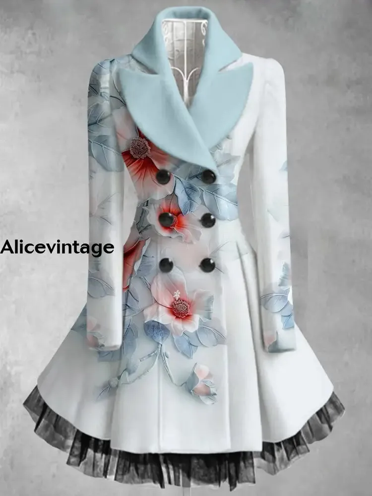 Floral Print Vintage Elegant  V-Neck Button Up Long Sleeve Coat Dress