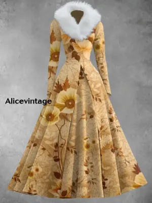 Floral Print Vintage Elegant V-Neck Fur Collar Long Sleeve Midi Dress