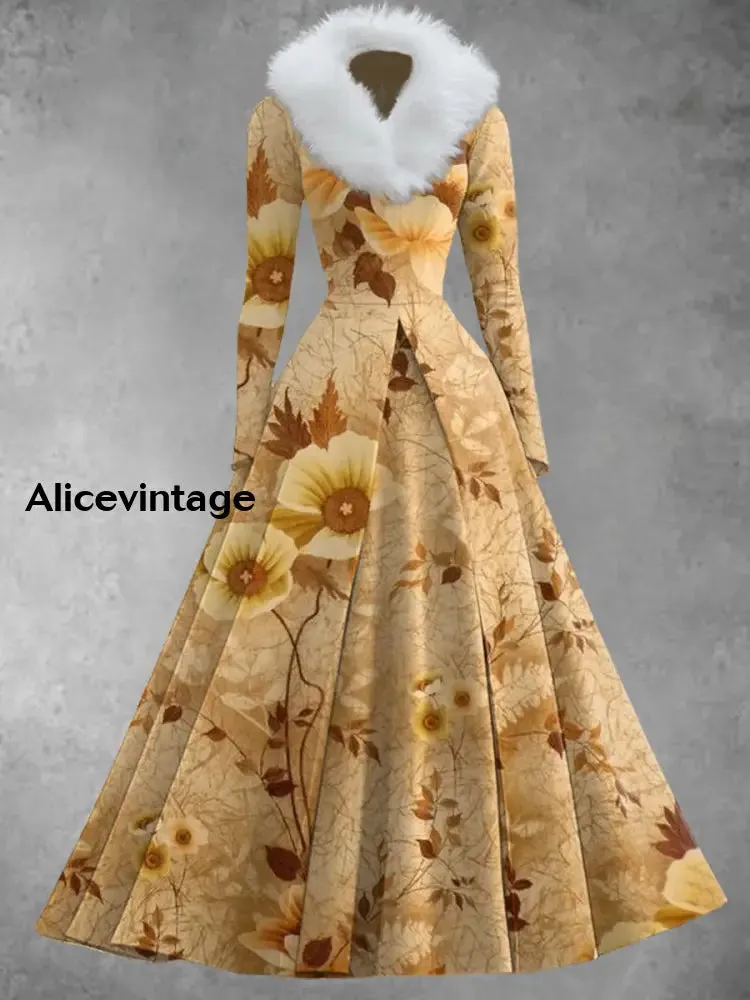 Floral Print Vintage Elegant V-Neck Fur Collar Long Sleeve Midi Dress