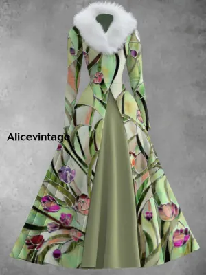 Floral Print Vintage Elegant V-Neck Fur Collar Long Sleeve Midi Dress