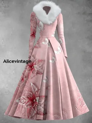 Floral Print Vintage Elegant V-Neck Fur Collar Long Sleeve Midi Dress