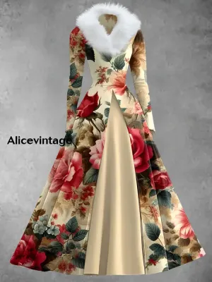 Floral Print Vintage Elegant V-Neck Fur Collar Long Sleeve Midi Dress