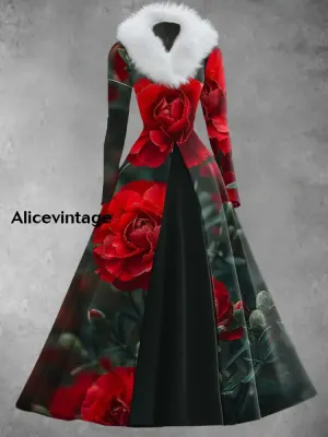 Floral Print Vintage Elegant V-Neck Fur Collar Long Sleeve Midi Dress