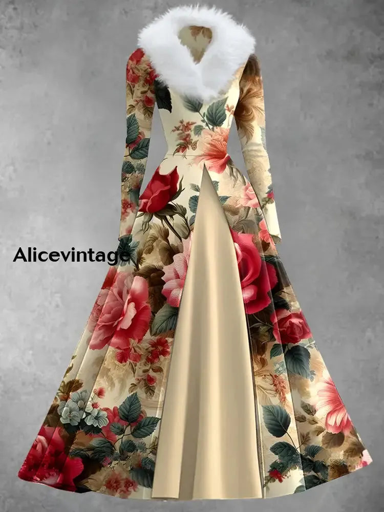 Floral Print Vintage Elegant V-Neck Fur Collar Long Sleeve Midi Dress