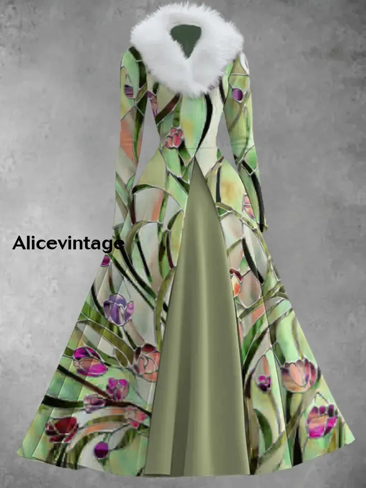Floral Print Vintage Elegant V-Neck Fur Collar Long Sleeve Midi Dress