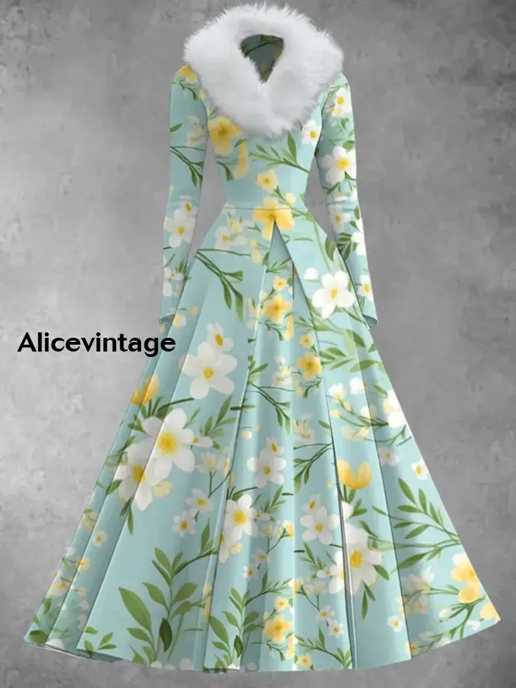 Floral Print Vintage Elegant V-Neck Fur Collar Long Sleeve Midi Dress