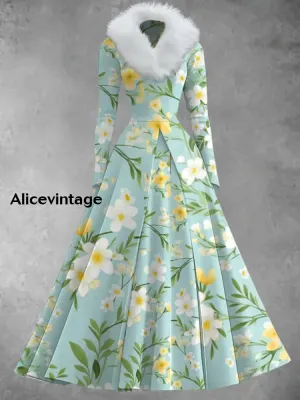Floral Print Vintage Elegant V-Neck Fur Collar Long Sleeve Midi Dress