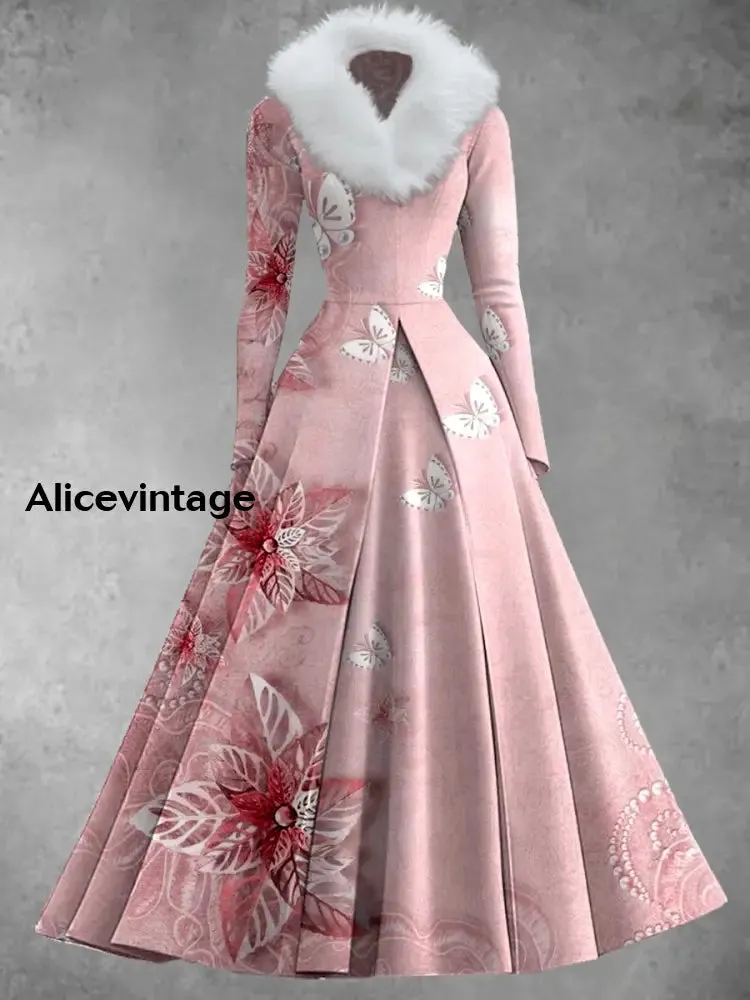 Floral Print Vintage Elegant V-Neck Fur Collar Long Sleeve Midi Dress