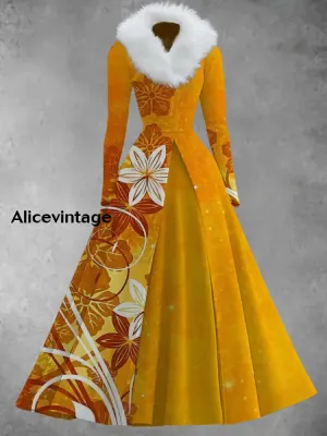 Floral Print Vintage Elegant V-Neck Fur Collar Long Sleeve Midi Dress