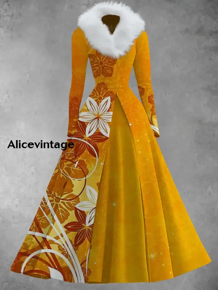 Floral Print Vintage Elegant V-Neck Fur Collar Long Sleeve Midi Dress