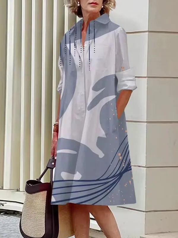 Floral Shirt Lapel Collar Midi Dress
