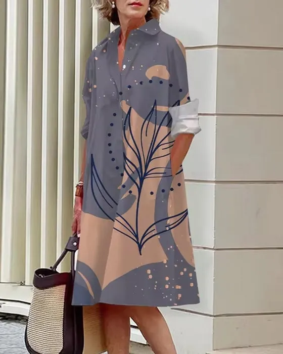 Floral Shirt Lapel Collar Midi Dress