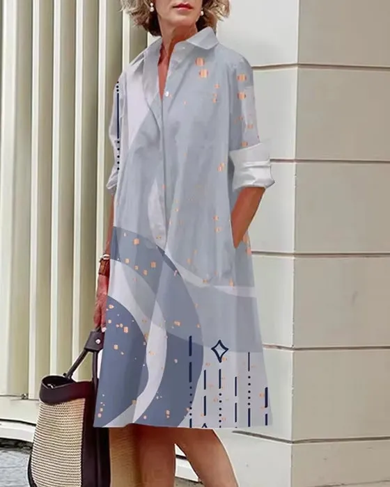 Floral Shirt Lapel Collar Midi Dress