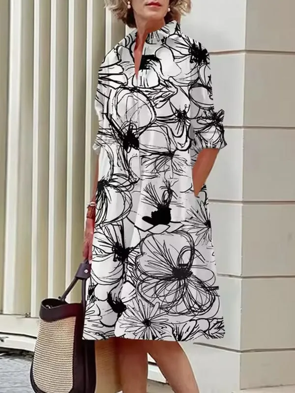 Floral Shirt Lapel Collar Midi Dress