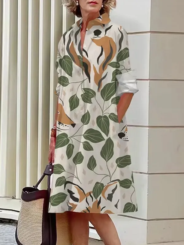 Floral Shirt Lapel Collar Midi Dress