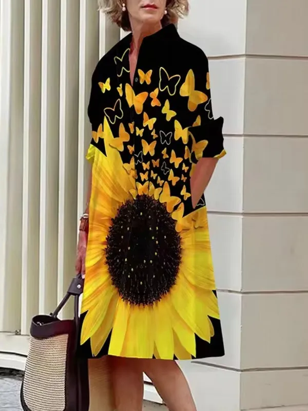 Floral Shirt Lapel Collar Midi Dress