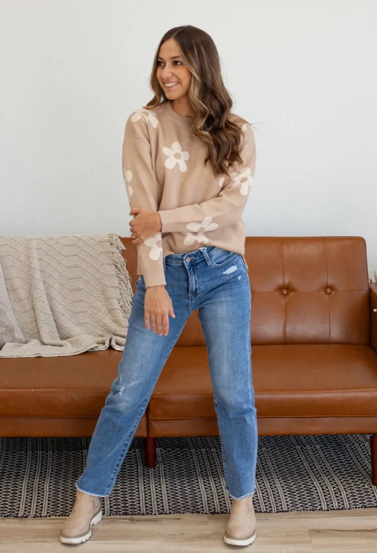 Flower Jacquard Sweater in Taupe