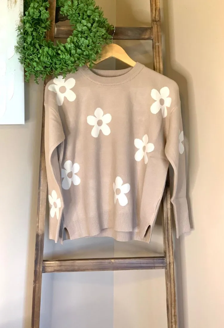 Flower Jacquard Sweater in Taupe