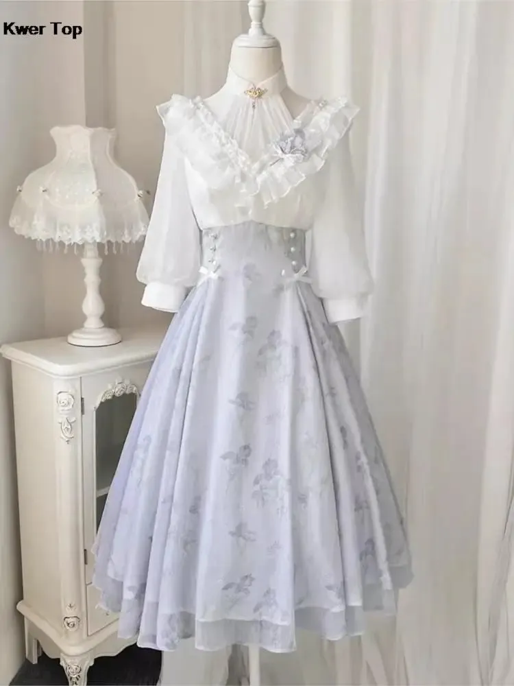 French Fashion Elegant Vintage Midi Dress Sweet Floral Print Party Slim A-Line Dress