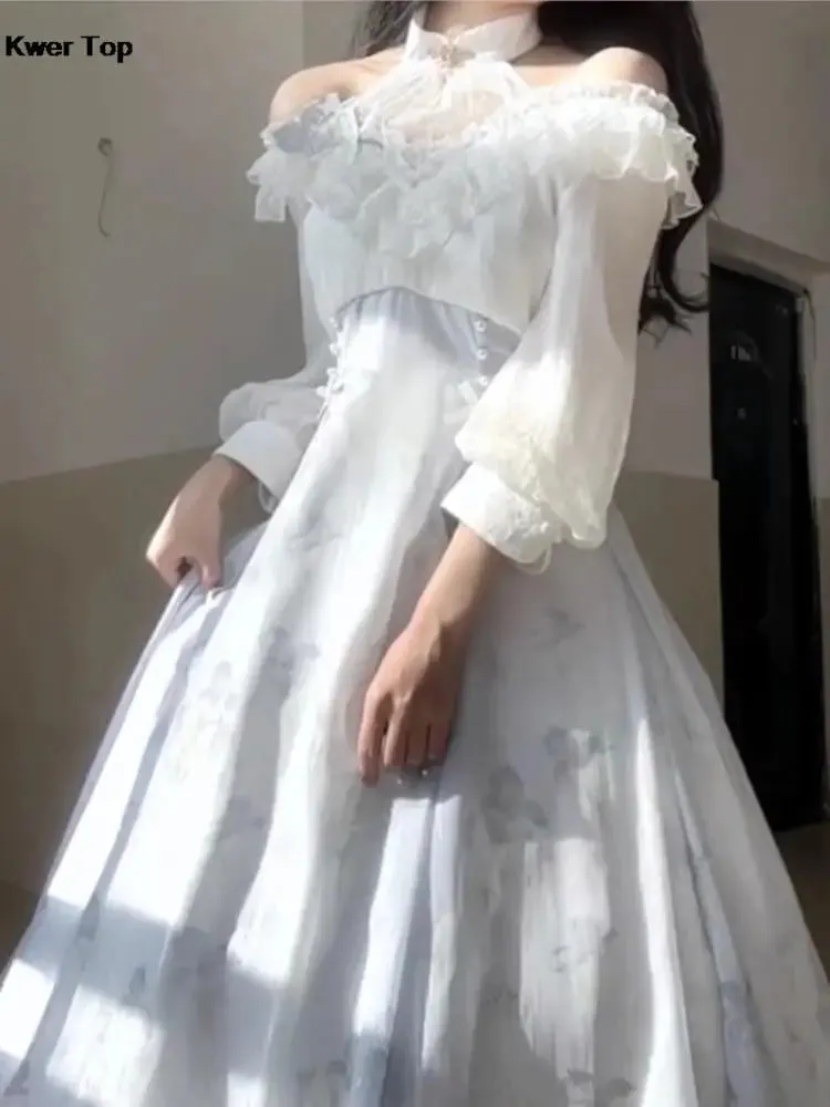 French Fashion Elegant Vintage Midi Dress Sweet Floral Print Party Slim A-Line Dress