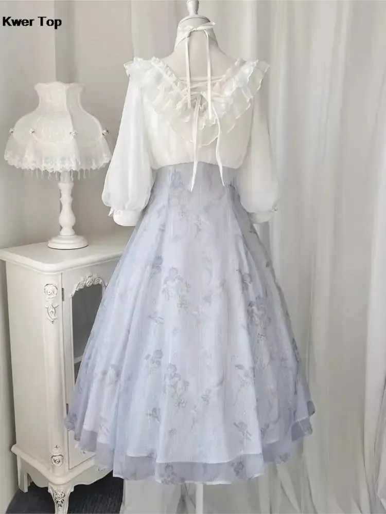 French Fashion Elegant Vintage Midi Dress Sweet Floral Print Party Slim A-Line Dress