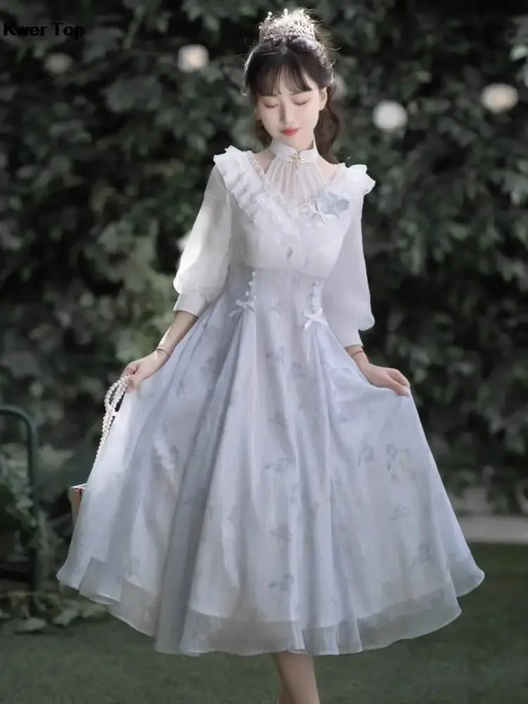 French Fashion Elegant Vintage Midi Dress Sweet Floral Print Party Slim A-Line Dress