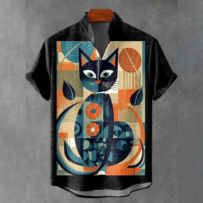 Geometric Color Block Combination Black Cat and Fallen Leaves printed Shirt