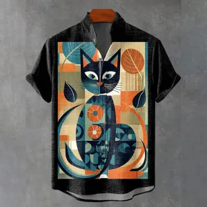 Geometric Color Block Combination Black Cat and Fallen Leaves printed Shirt