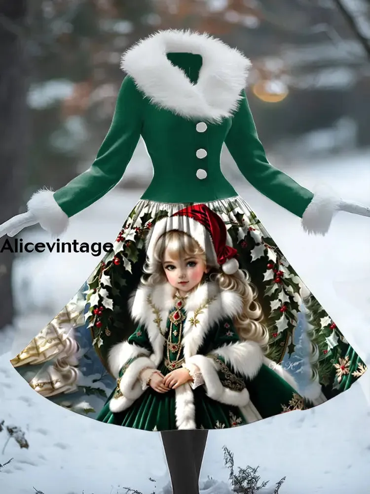 Girls Art Print Vintage Elegant Fur Collar Long Sleeve Midi Dress