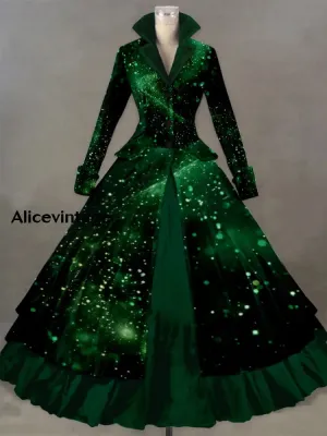 Glitter Art Print Vintage Elegant Lapel V-Neck Long Sleeve Maxi Dress