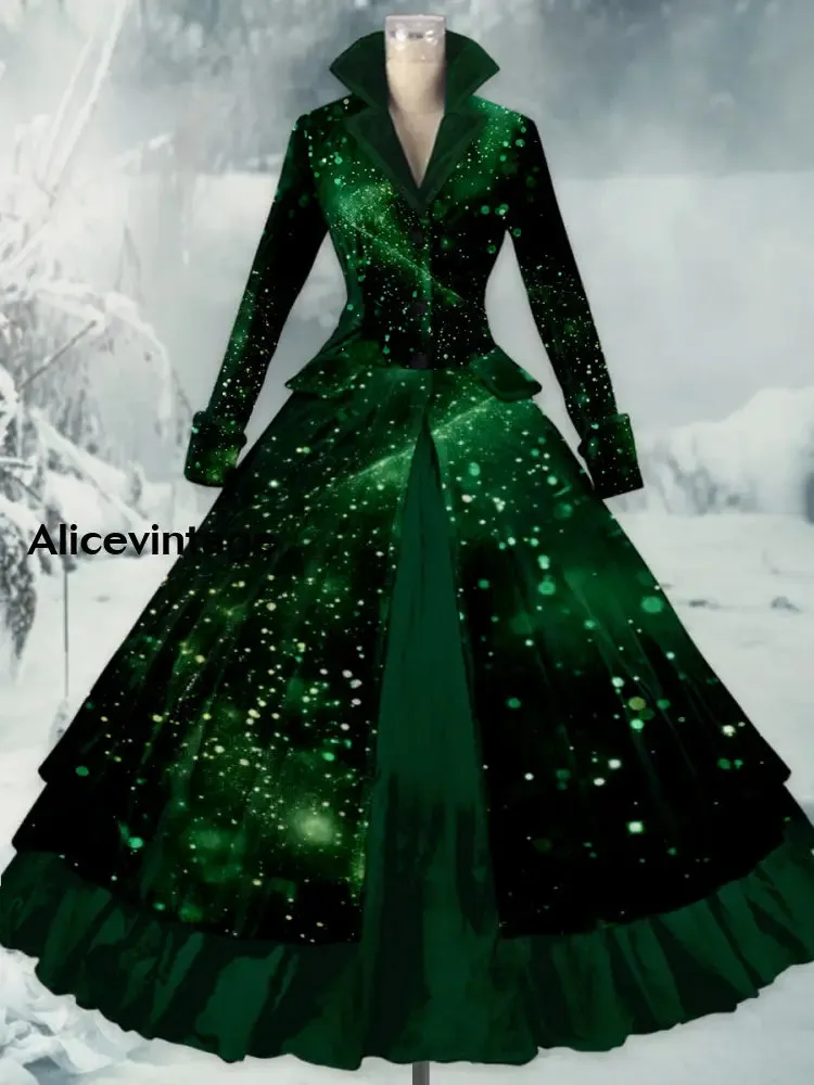 Glitter Art Print Vintage Elegant Lapel V-Neck Long Sleeve Maxi Dress