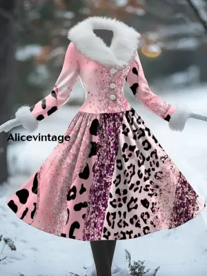 Glitter Leopard Print Vintage Elegant Fur Collar Long Sleeve Midi Dress