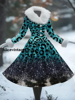 Glitter Leopard Print Vintage Elegant Fur Collar Long Sleeve Midi Dress