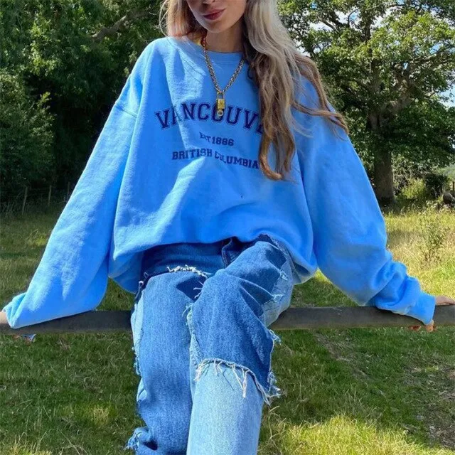 Goosudu Pink Black Letter Print Oversized Crewneck Sweatshirt Women Loose O Neck Long Sleeve Pullover Thin Fashion Tops Spring Fall