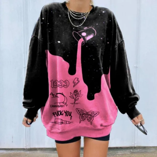 Goosudu Pink Black Letter Print Oversized Crewneck Sweatshirt Women Loose O Neck Long Sleeve Pullover Thin Fashion Tops Spring Fall