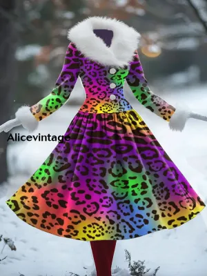 Gradient Leopard Print Vintage Elegant Fur Collar Long Sleeve Midi Dress