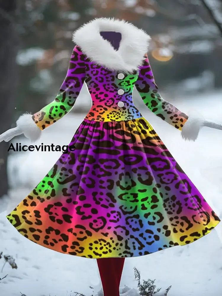 Gradient Leopard Print Vintage Elegant Fur Collar Long Sleeve Midi Dress