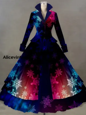 Gradient Snowflake Art Print Vintage Elegant Lapel V-Neck Long Sleeve Maxi Dress