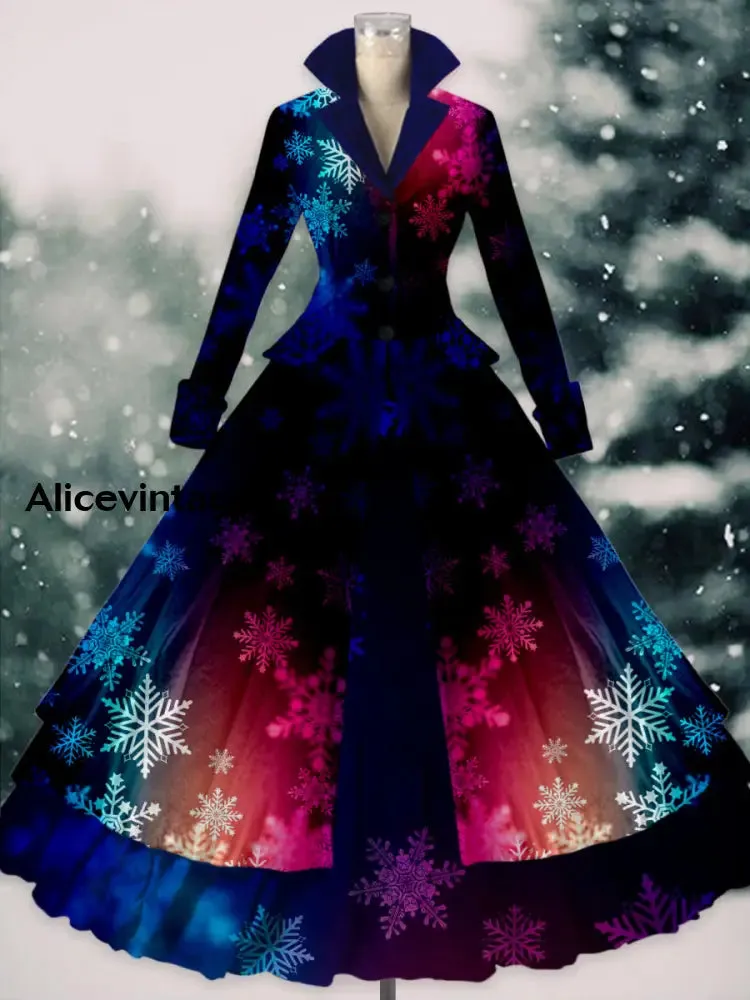 Gradient Snowflake Art Print Vintage Elegant Lapel V-Neck Long Sleeve Maxi Dress
